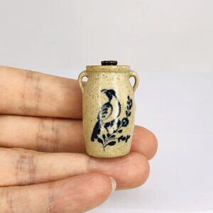 Jane Graber 1985 Miniature Stoneware Jug Butter Churn Vase Pot Lid Pottery Bird